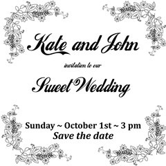 wedding invitation card with flowers frame, for holidays, black and white