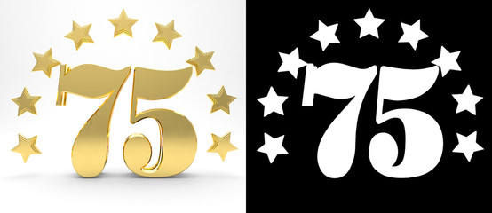 Golden number seventy five on white background with drop shadow and alpha channel , decorated with a circle of stars. 3D illustration