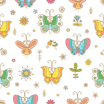 Seamless pattern with cute cartoon butterflies in dresses on white background. Funny animals, flowers and plants. Vector contour  image. 