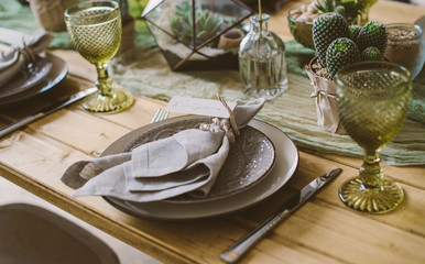 Rustic serving with wood and plant decor