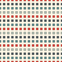 Seamless pattern with retro colors repeated squares. Horizontal dashed lines abstract background. Mosaic wallpaper.