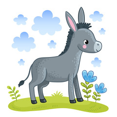 A cute donkey is standing in a clearing.