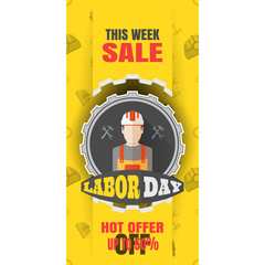 Vector vertical banner of Happy Labor Day sale with label of gear cut from paper, yellow paper stripe on the background with pattern.