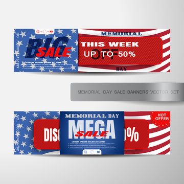 Vector set of Memorial Day big and mega sale banners with red paper stripe cut from paper, red ribbon with text, shadows on the background with american flag.