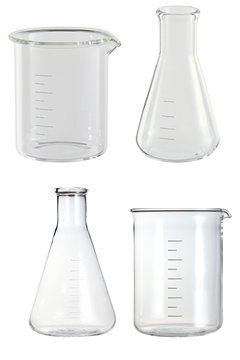 glass medical and chemical flasks isolated on white background