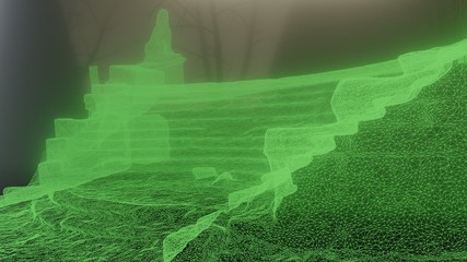 Wireframe scene of stair and old sculptures, expectation, fog, mystery at abandoned place. 3d illustration