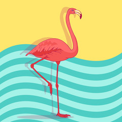 Vector pink flamingo bird illustration. Hand drawn sketch with the wild animal on abstract striped background