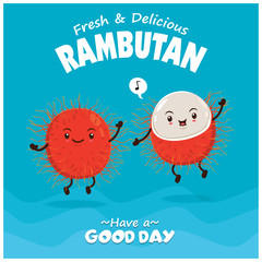 Vintage fruits poster design with vector Rambutan character.
