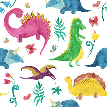 Watercolor painting seamless pattern with cute dinosaurs