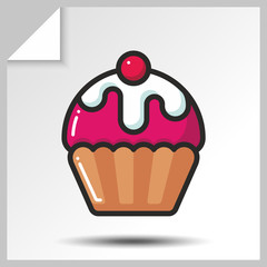 Sweet icon- cupcake wiht icing and cherry. Vector Isolated flat colorfull illustration.