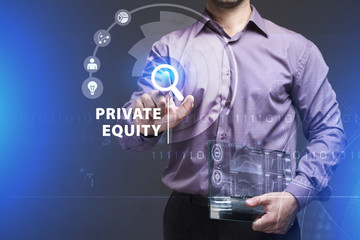 Business, Technology, Internet and network concept. Young businessman working on a virtual screen of the future and sees the inscription: Private equity