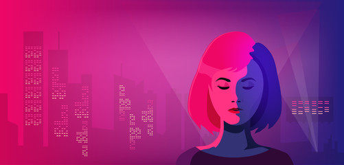 Vector night city illustration with neon glow and vivid colors. Woman against futuric buildings.