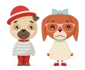 Obraz premium Cute puppy dogs boy girl geek cubs hipster mascot cartoon flat design vector illustration