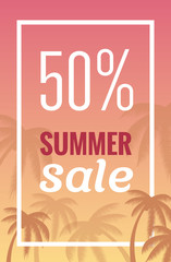 Sale banner, poster with palm leaves, jungle leaf. Beautiful vector floral tropical summer background. Vertical format.