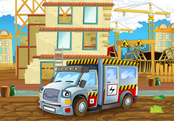 cartoon scene of a construction site with heavy truck concrete mixer - illustration for children