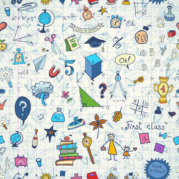 Seamless pattern with set of different school things.Doodle seamless background with school icons.