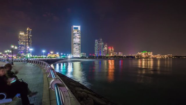 abu dhabi night famous fountain bay downtown emirates palace panorama 4k time lapse uae
