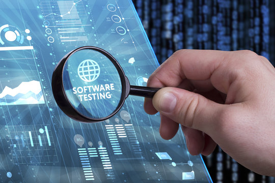 Business, Technology, Internet and network concept. Young businessman working on a virtual screen of the future and sees the inscription: Software testing