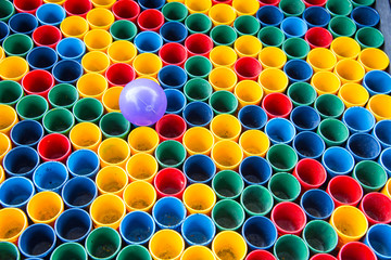 Top view of primary colors of mix color cups for artist painting.