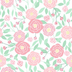 Cute pastel peony flowers on white. Vector hand drawn seamless pattern. Background