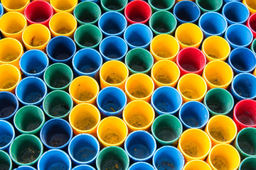 Top view of primary colors of mix color cups for artist painting.