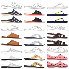 Slippers and flip flops icon. Set vector illustrations. Side view.