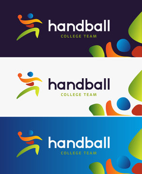 Handball vector banner. Abstract colorful silhouette of player for tournament identity. Handball College Championship.