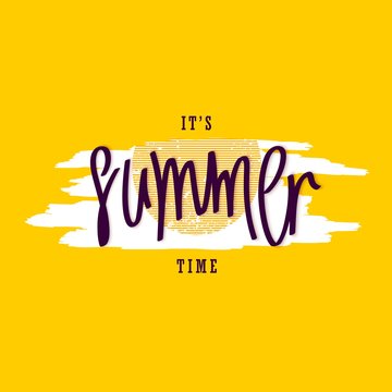 It's Summer Time. Creative paintbrush smear and handwritten lettering. Vector design elements.