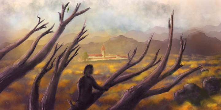 Person sitting in a tree and observing a house / building - Digital Painting