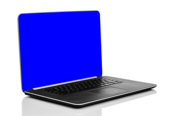 Sleek modern laptop with blank blue chroma key screen, front side view and isolated on white background with reflection