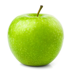 Green juicy shiny apple on white background, isolated, high quality photo