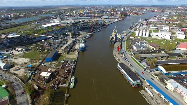 Two-tier bridge in the background of the Kaliningrad port, aerial view