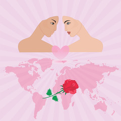 Couple in love face young girl pink background rays of the rising sun world map rose art creative modern vector illustration Postcard Congratulatory Poster Wedding Birthday