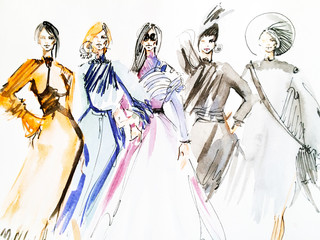 Watercolor fashion sketch. Lady in dresses - 145730375