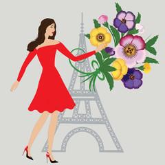 Woman in a red dress with a bouquet of bright colors Pansies silhouette of the Eiffel Tower art creative modern vector abstract illustration
