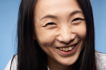 cheerful woman, asian, blink, laugh, wide smile