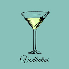 Vodkatini glass sign. Vector alcoholic beverage color illustration.Hand drawn sketch of traditional cocktail with olive.
