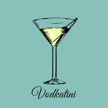 Vodkatini glass sign. Vector alcoholic beverage color illustration.Hand drawn sketch of traditional cocktail with olive.