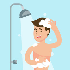 Happy man taking shower in bathroom concept, Flat vector illustration.