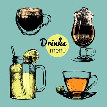 Hand drawn lemonade, coffee, tea illustrations for cafe menu. Soft drink glasses. Vector set of non-alcoholic beverages.