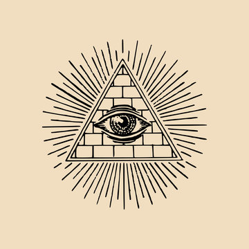 All-seeing eye. Freemasonry pyramid vector illustration. Engraving masonic logo, emblem.