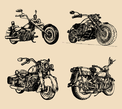 Vector illustration of hand sketched vintage motorcycles.Detailed drawings for custom bikes companies,chopper stores etc