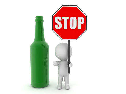 3D Character holding red stop sign next to beer bottle