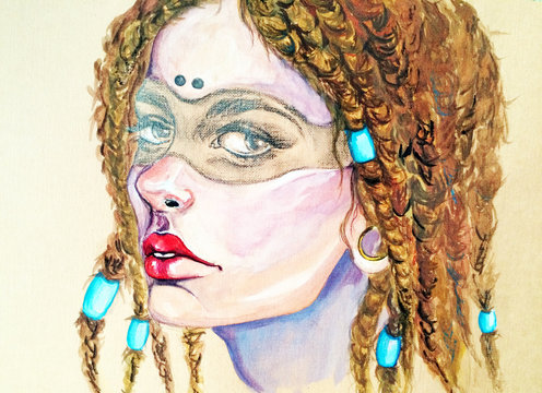 Watercolor picture. Girl with dreadlocks in a mask
