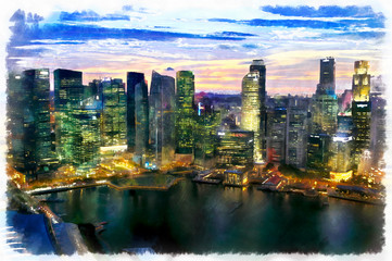 Naklejka premium Colorful painting of night cityscape