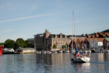 Yacht at Vagen bay, Bergen, Norway. Bryggen street in Bergen - architecture background