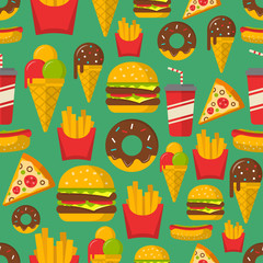 Fast food seamless patterns vector background.