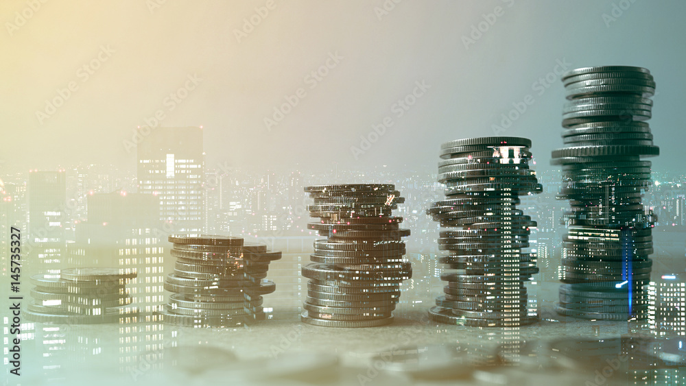 Wall mural double exposure of city and rows of coins for finance and banking concept