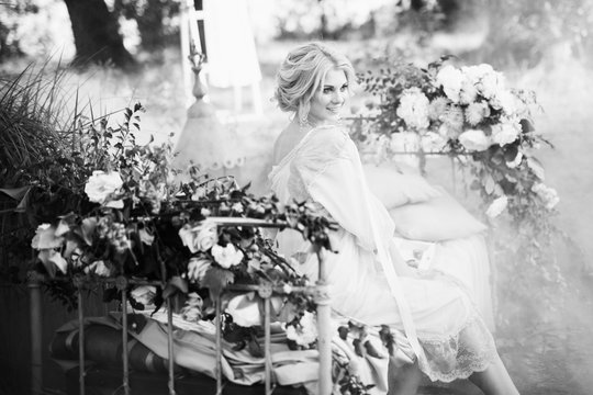 Morning bride near the river in the forest