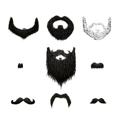 Set of detailed black mustaches and beards on white